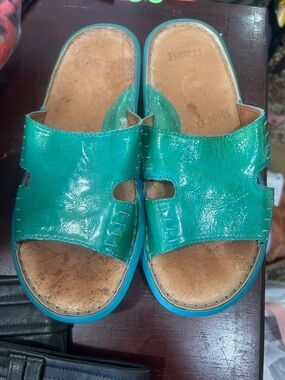 Born Teal Patent Leather Slide Sandals